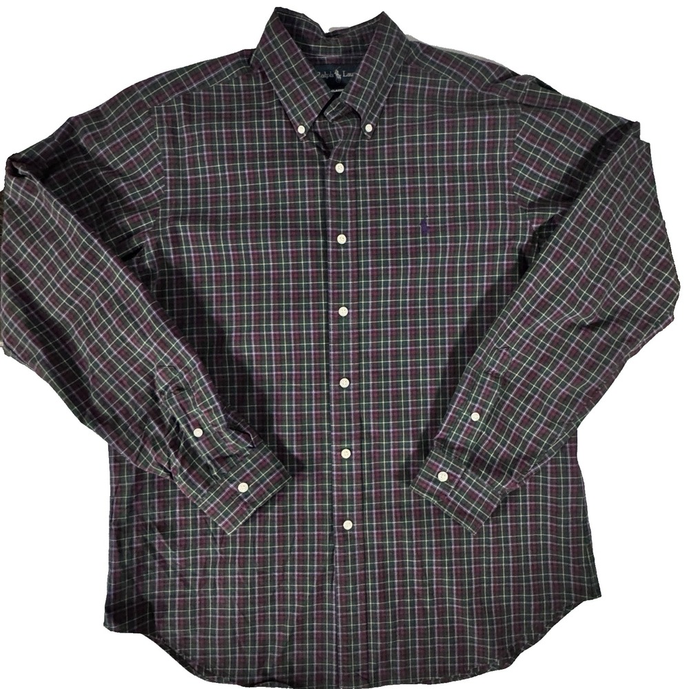 Ralph Lauren Shirt Mens Large Green Purp Plaid Long Sleeve Classic Fit Button Up